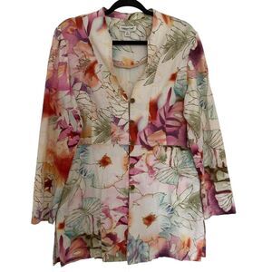 Coldwater Creek Jacket M Linen Blend Floral Colorful Artsy Button Pockets Light